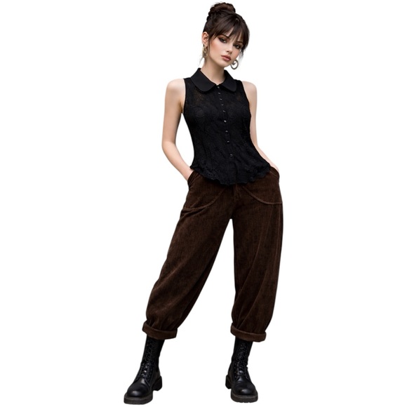 Mango Tops - Goth Dark Academia Steampunk Pirate Black Lace Collared Sleeveless Waistcoat